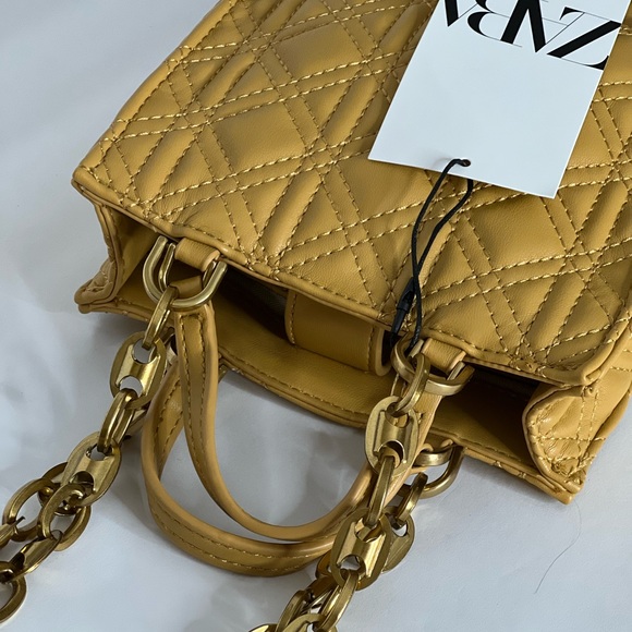 Zara Womens Shoulder Bag Quilt Mustard Yellow Mini Tote Crossbody Bag Purse New - Picture 5 of 15